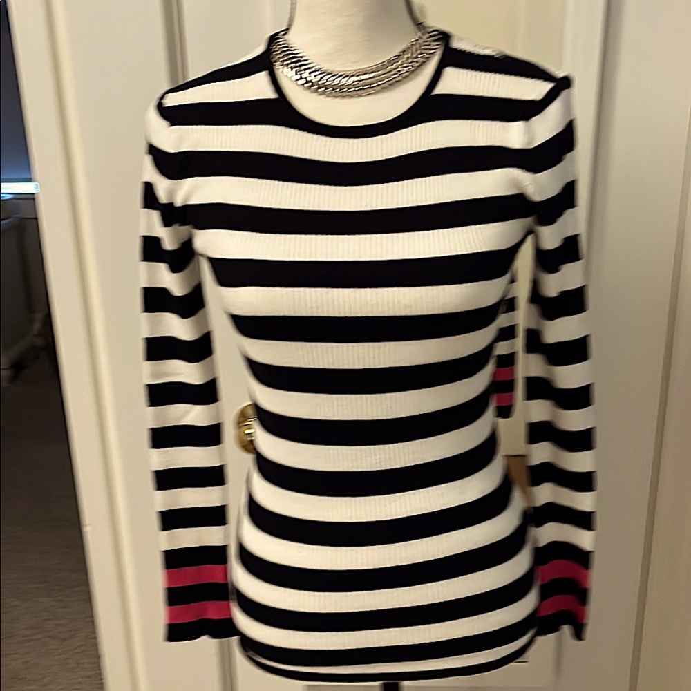 Philosophy Navy Blue & White Stripe Ribbed Pullover Top Deep Pink Accent XS EUC